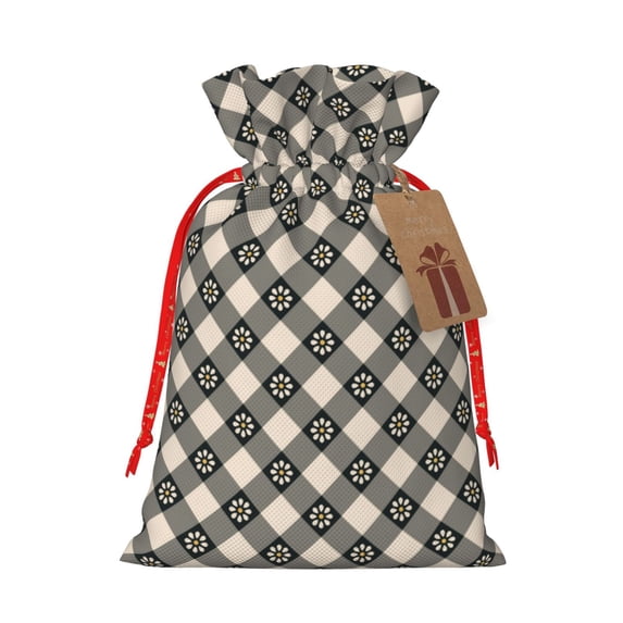 Naloa Daisy Plaid Black Drawstring Christmas Bags, 3D Xmas Gift Bags, Christmas Wrapping Bags, Xmas Goodie Bags, Treat Pouch Bags, Party Favor Bags-Small