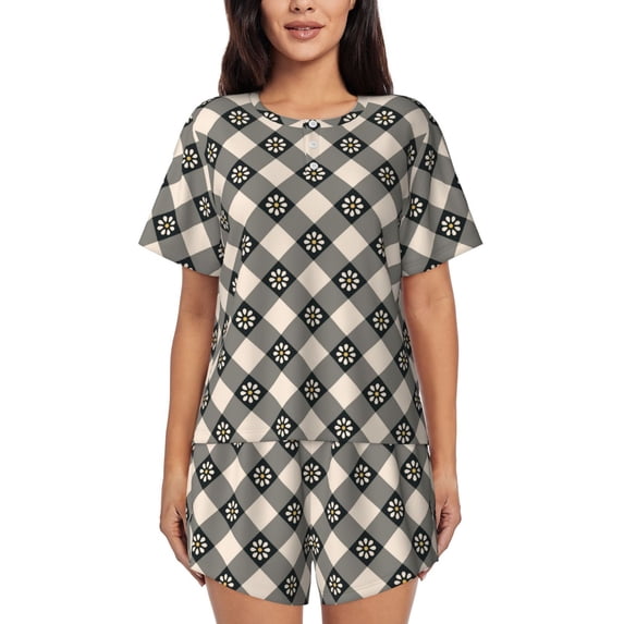 Naloa Daisy Plaid Black Women's Short-Sleeved Pajama Set, Loungewear, Summer pajamas, Breathable Cozy - 3X-Large