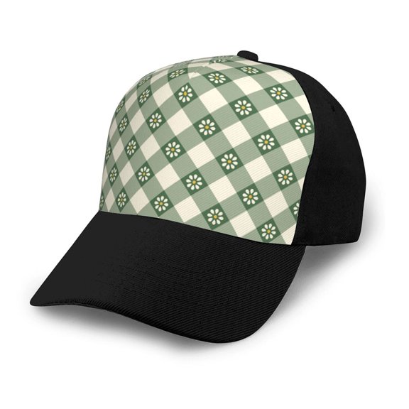 Naloa Daisy Plaid Green Adult adjustable Print Baseball Hat, Patchwork curved brim baseball capfor Men and Women, One Size