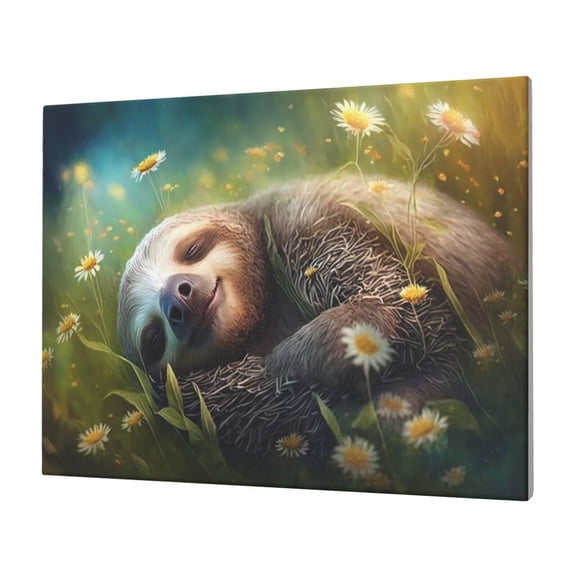 Naloa Daisy Sleeping Sloth Print Canvas Picture,Wall Pictures, Modern Decorative Poster,Art Prints for Bedroom, Toilet, 40 x 30 cm, Built-in Wooden Frame