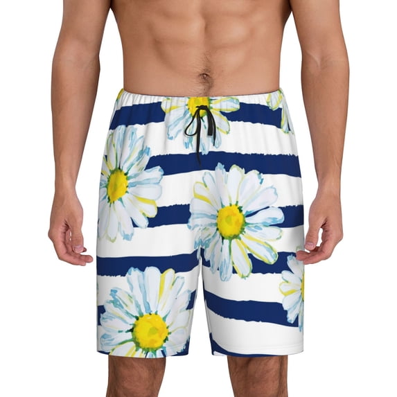 Naloa Daisy Striped Nautical Men's Short Pajama Pants, Lounge Comfort Shorts with Elasticized Waistband and Side Pockets - X-Large