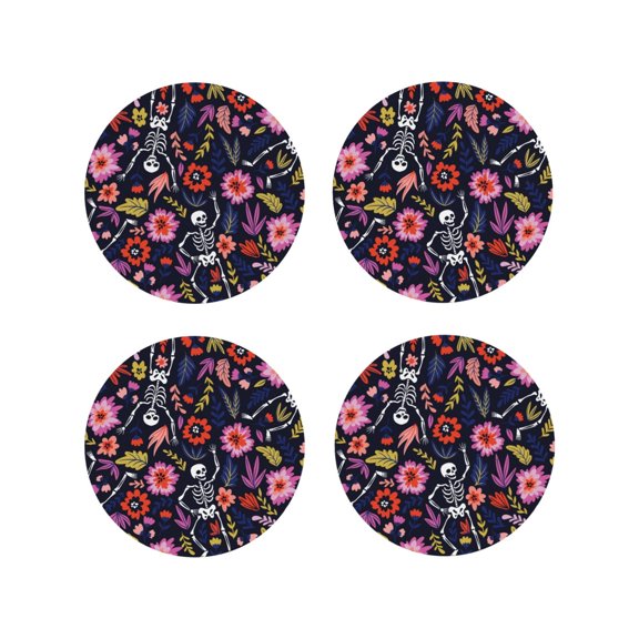 Naloa Dancing Skeletons Floral Garden Leather Coasters for Drinks, Durable Drink Coasters 4 Set for Tabletop Protection, Luxurious Home Décor and Housewarming Gift ( {designName})Round Shape