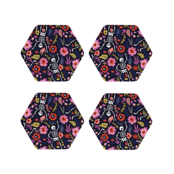 Naloa Dancing Skeletons Floral Garden Leather Coasters for Drinks, Durable Drink Coasters 4 Set for Tabletop Protection, Luxurious Home Décor and Housewarming Gift ( {designName})Hexagon