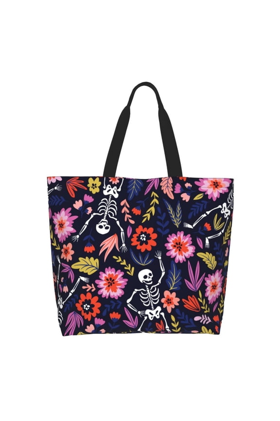 Dancing Skeletons Floral Garden Tote Bag for Women Large Capacity Shoulder Bag for College Work Travel Shopping