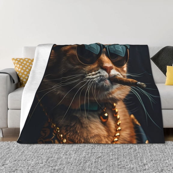 Naloa Dapper Cat in Sunglasses Flannel Fleece Throw Blanket for Bed Couch, Thick Blanket - All Seasons Suitable for Women, Men and Kids-80"x60"