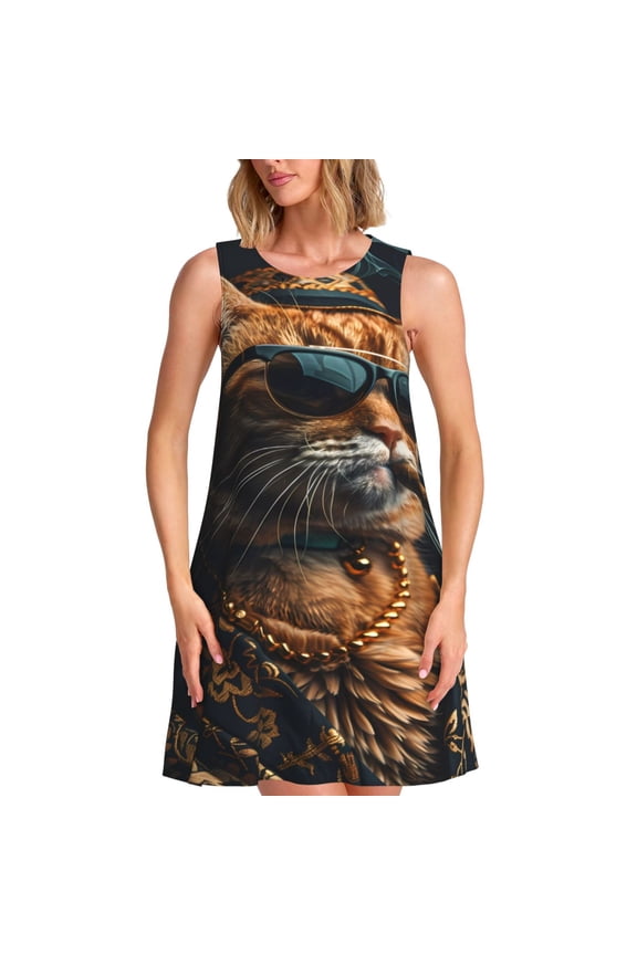 Dapper Cat in Sunglasses Print Women's Summer Spring Casual Beach Sundress,Vacation Sleeveless Tank Crewneck Loose Dresses