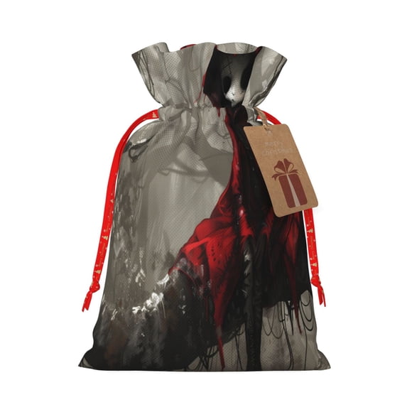 Naloa Dark Red Hooded Girl Drawstring Christmas Bags, 3D Xmas Gift Bags, Christmas Wrapping Bags, Xmas Goodie Bags, Treat Pouch Bags, Party Favor Bags-Medium