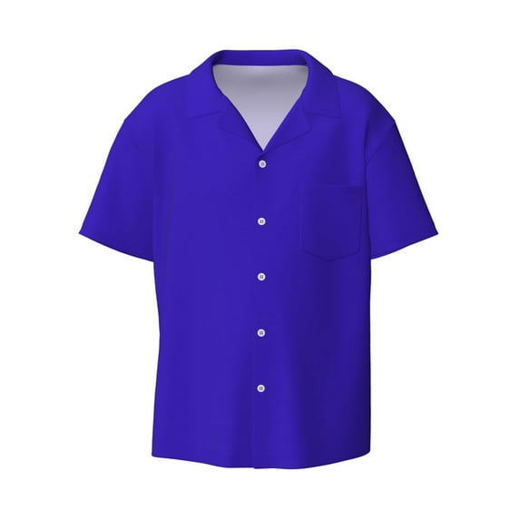 Naloa Darkblue Men's Loose Fit Cuban Collar Short-Sleeve Shirt with Button-down and Chest Pocket for Everyday Wear Outings - Large