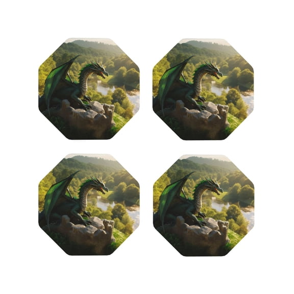 Naloa Deep Forest Stone Green Dragon Leather Coasters for Drinks, Durable Drink Coasters 4 Set for Tabletop Protection, Luxurious Home Décor and Housewarming Gift ( {designName})Octagon