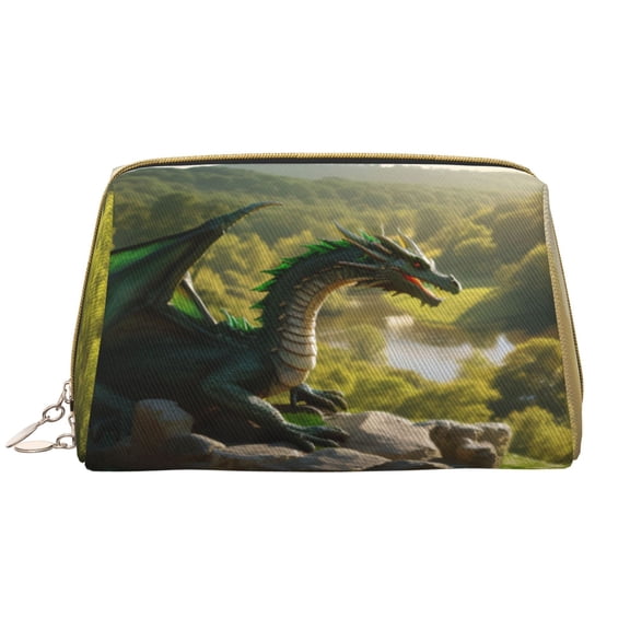 Naloa Deep Forest Stone Green Dragon Leather Makeup Bag for Purse Travel, Portable Small Cosmetic Organizer for Women and Girls, Make up Bag with Zipper