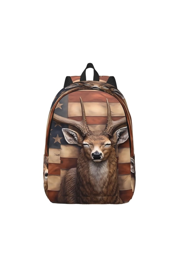 Deer American Flag Wall Canvas Backpack for Men Women Rucksack Casual Travel Daypack College Tote Satchel Bookbag for Teens-Small