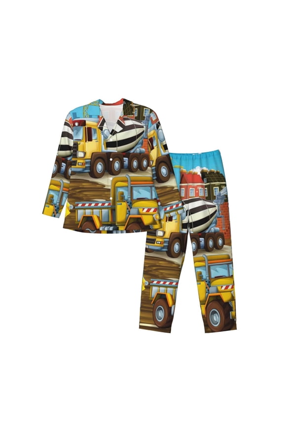 Different Construction Site Vehicles Men’s Pajamas Set - Long Sleeve Button Down Sleep Shirt and Pajama Bottoms Sleepwear Set-X-Large