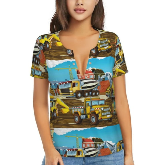 Naloa Different Construction Site Vehicles Print T-Shirts Short Sleeve V Neck Tees for Women Fashion Tops Trendy Lightweight Soft Casual Summer Outfits Clothes