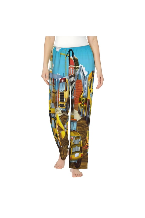 Different Construction Site Vehicles Print Women’s Ultra-Soft Comfy Pajama Lounge Pants with Pockets & Drawstring