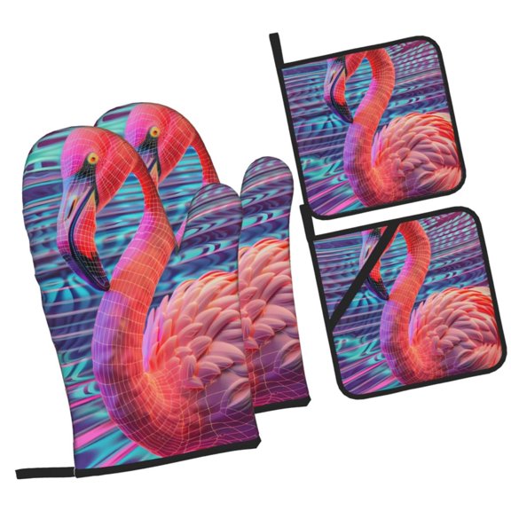 Naloa Digital Flamingo Vibrant Art Oven Mitts and Pot Holders 4 pcs Set, Cooking Baking Grilling Kitchen Oven Glove for Cooking