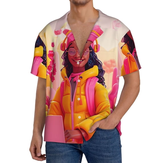 Naloa Digital Nomad Pink Landscape Men's Loose Fit Cuban Collar Short-Sleeve Shirt, Hawaiian Shirts, Mens Shirts Casual for Everyday Wear Outings-X-Large
