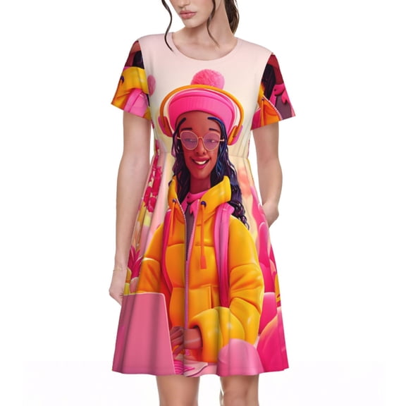 Naloa Digital Nomad Pink Landscape Print Womens Summer A-Line Dress with Pockets,Short Sleeve Dresses,Flowy Beach Swing Dress for Vacation Travel