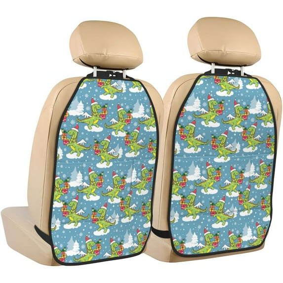 Naloa Dino Christmas Adventure Snowy Blue 2Pcs Anti-Kick Back Seat Cover Kick Mat, Car Seat Protector with 3 Storage Pockets
