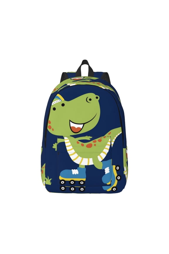 Dino Playing Roller Skate Canvas Backpack for Men Women Rucksack Casual Travel Daypack College Tote Satchel Bookbag for Teens-Medium