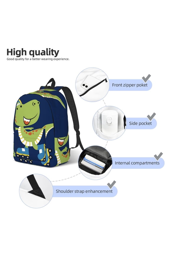 Dino Playing Roller Skate Print Durable Canvas College Rucksack,Laptop Excursion Backpack,Travel Notebook School Backpack,Bookbag For Men Women