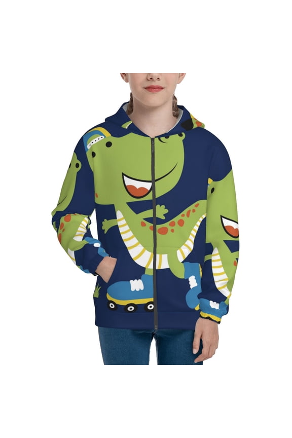 Dino Playing Roller Skate Teenage Zipper Hoodie, Long Sleeve Zip Up Hoodies Casual Jackets Tops for 7-12 Years-Medium