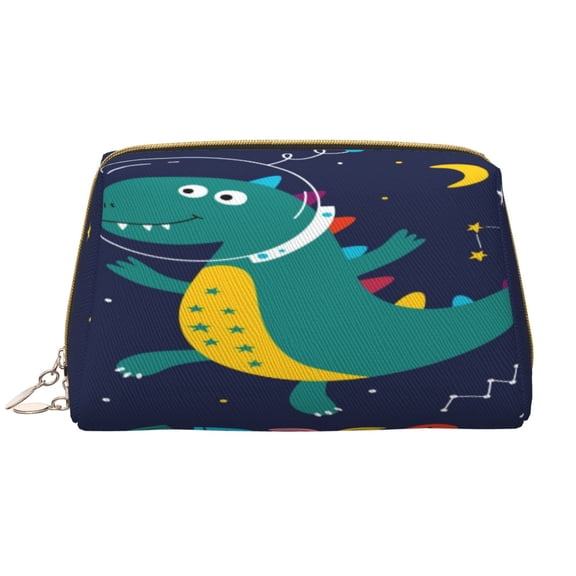 Naloa Dinosau Space Explorer Leather Makeup Bag for Purse Travel, Portable Small Cosmetic Organizer for Women and Girls, Make up Bag with Zipper