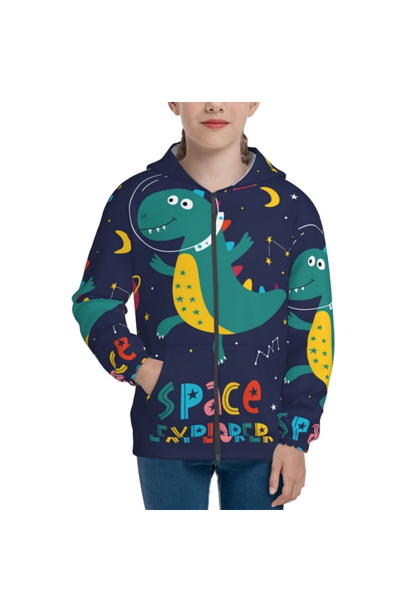 Dinosau Space Explorer Teenage Zipper Hoodie, Long Sleeve Zip Up Hoodies Casual Jackets Tops for 7-12 Years-Medium