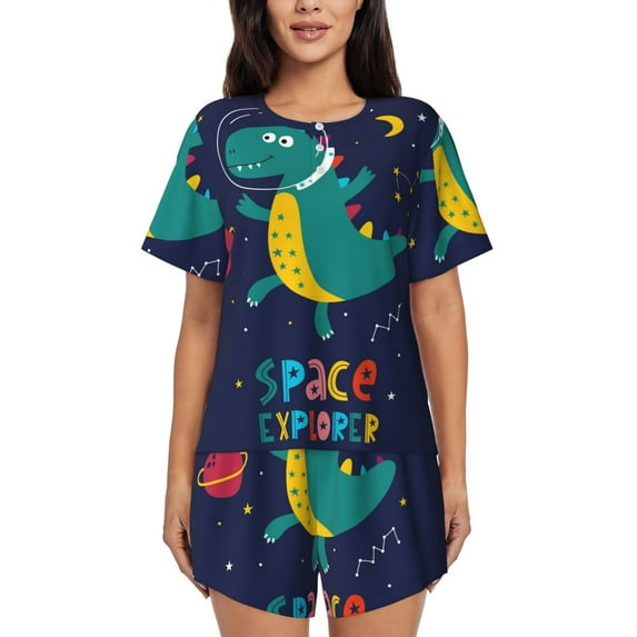 Naloa Dinosau Space Explorer Women's Short-Sleeved Pajama Set, Loungewear, Summer pajamas, Breathable Cozy - Large