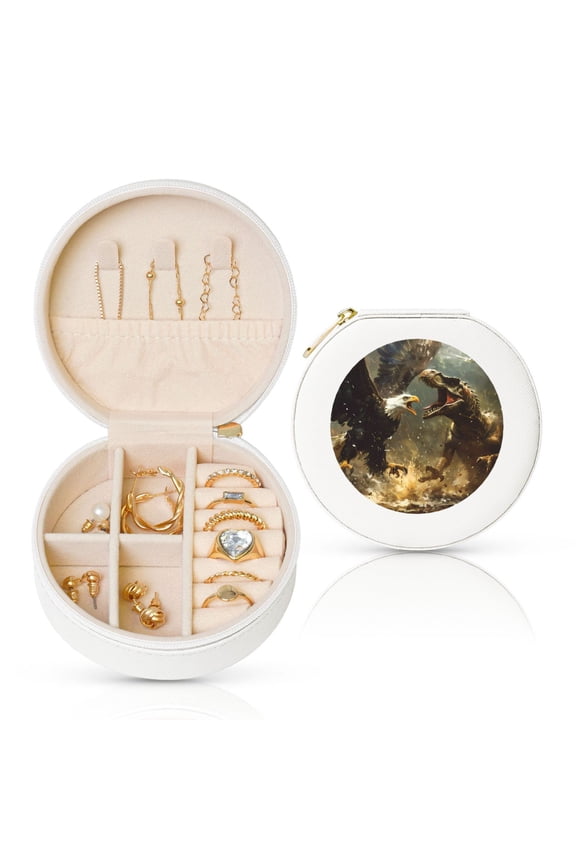 Dinosaur Bald Eagle Round Jewelry Box, Travel Jewelry Organizer, 3.9 x 3.9 x 2in Jewelry Storage Box for Women-White