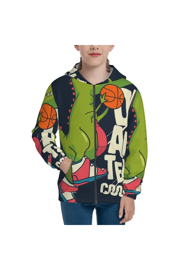 Dinosaur Basketball Player Teenage Zipper Hoodie, Long Sleeve Zip Up Hoodies Casual Jackets Tops for 7-12 Years-Medium
