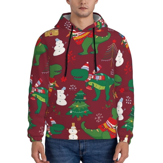 Naloa Dinosaur Christmas Happy New Year Men's Casual Hooded Collar Drawstring Hoodies Pullover Sweatshirts Casual Long Sleeve Shirts-4X-Large