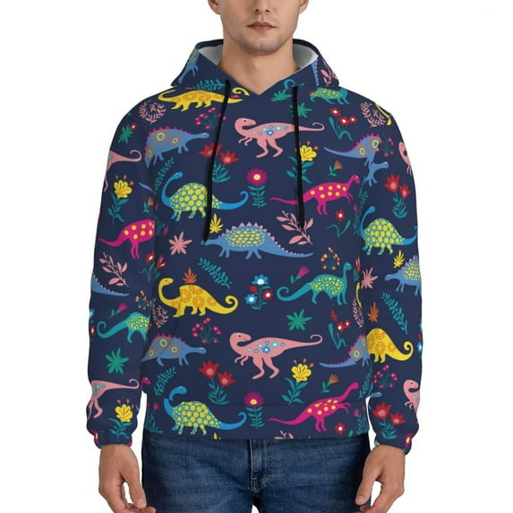 Naloa Dinosaur Flowers Men's Casual Hooded Collar Drawstring Hoodies Pullover Sweatshirts Casual Long Sleeve Shirts-4X-Large