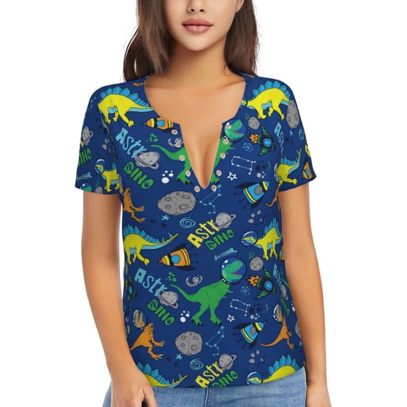 Naloa Dinosaur In Space Print T-Shirts Short Sleeve V Neck Tees for Women Fashion Tops Trendy Lightweight Soft Casual Summer Outfits Clothes