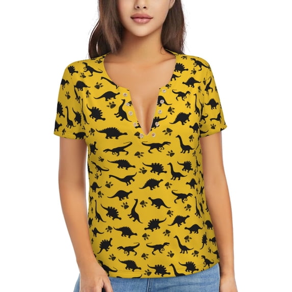 Naloa Dinosaur Print T-Shirts Short Sleeve V Neck Tees for Women Fashion Tops Trendy Lightweight Soft Casual Summer Outfits Clothes