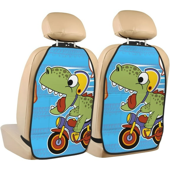 Naloa Dinosaur Riding a Motorcycle 2Pcs Anti-Kick Back Seat Cover Kick Mat, Car Seat Protector with 3 Storage Pockets