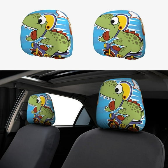Naloa Dinosaur Riding a Motorcycle Print 2 PCS Car All-Inclusive Headrest Cover,Seat Headrest Cover Headrest Cover Protector for Most Car Models