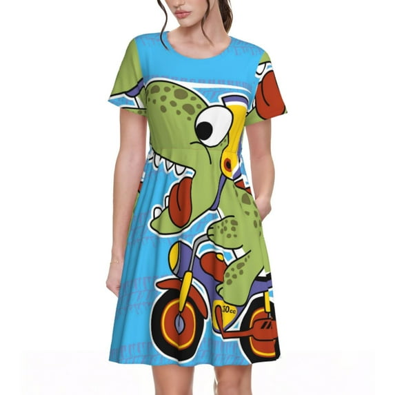 Naloa Dinosaur Riding a Motorcycle Print Womens Summer A-Line Dress with Pockets,Short Sleeve Dresses,Flowy Beach Swing Dress for Vacation Travel