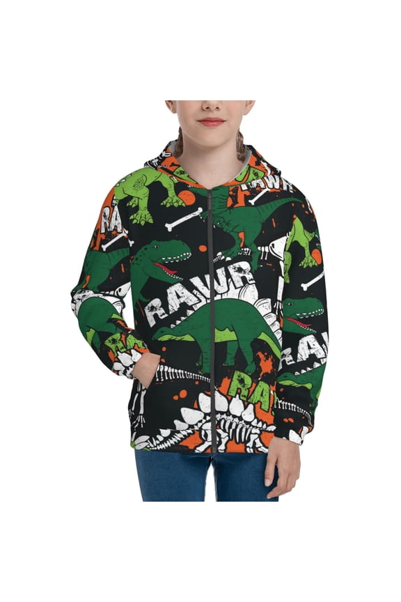 Dinosaur Skeleton Teenage Zipper Hoodie, Long Sleeve Zip Up Hoodies Casual Jackets Tops for 7-12 Years-