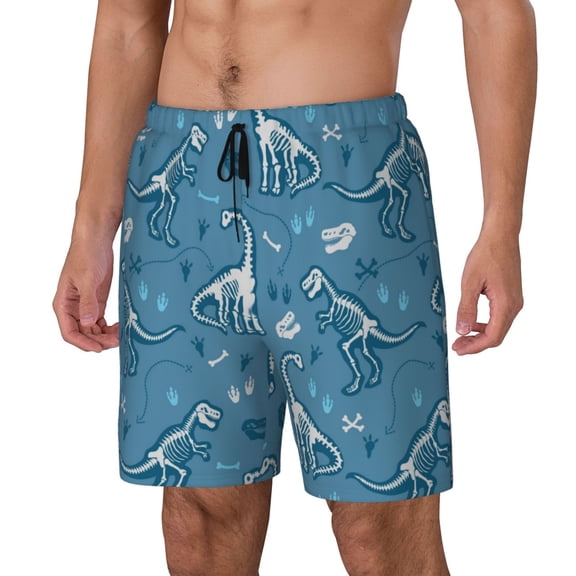 Naloa Dinosaur Skull Print Men Swim Trunks with Compression Liner ,Board Shorts,Men's Swim Shorts with Drawstring and Elastic Waistband-Small