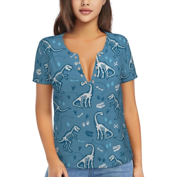 Naloa Dinosaur Skull Print T-Shirts Short Sleeve V Neck Tees for Women Fashion Tops Trendy Lightweight Soft Casual Summer Outfits Clothes