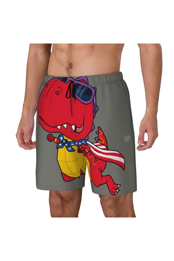 Dinosaur Super Hero Cartoon Print Men Swim Trunks with Compression Liner ,Board Shorts,Men's Swim Shorts with Drawstring and Elastic Waistband-Medium