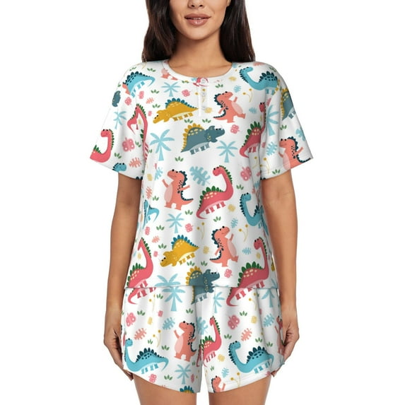 Naloa Dinosaur Women's Short-Sleeved Pajama Set, Loungewear, Summer pajamas, Breathable Cozy - 3X-Large