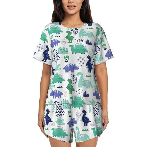 Naloa Dinosaur Women's Short-Sleeved Pajama Set, Loungewear, Summer pajamas, Breathable Cozy - Small