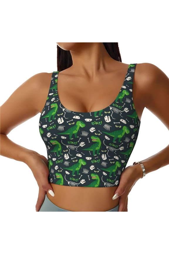 Dinosaur and Bone Sports Bras for Women, High Support Bra with Removable Pads, Comfortable - Large