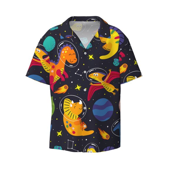 Naloa Dinosaurs in Space Men's Loose Fit Cuban Collar Short-Sleeve Shirt with Button-down and Chest Pocket for Everyday Wear Outings - Large