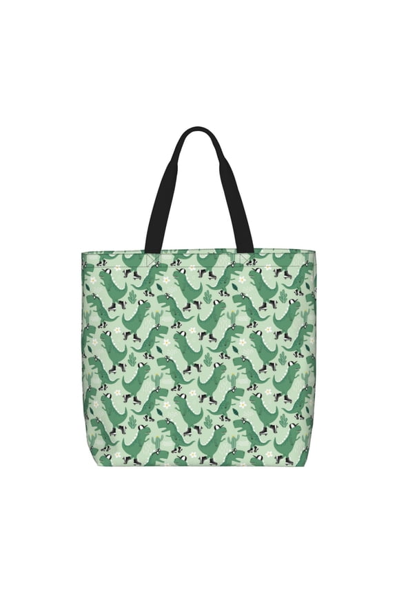 Dinosaurs on Roller Skater Tote Bag for Women, Foldable Tote Bag With Zipper, Large Shoulder Bag, Top Handle Handbag for Travel, Work, Shopping