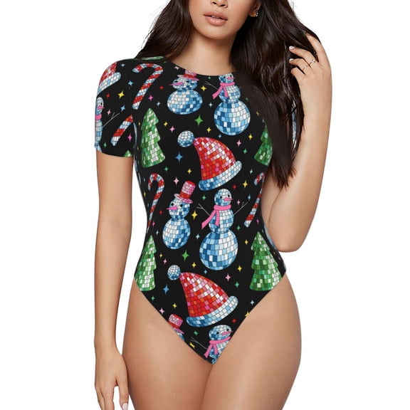 Naloa Disco Mirror Ball Snowman Bodysuits for Women, Women's Short-Sleeved Onesie, One-Piece for Parties, dates, clubs-