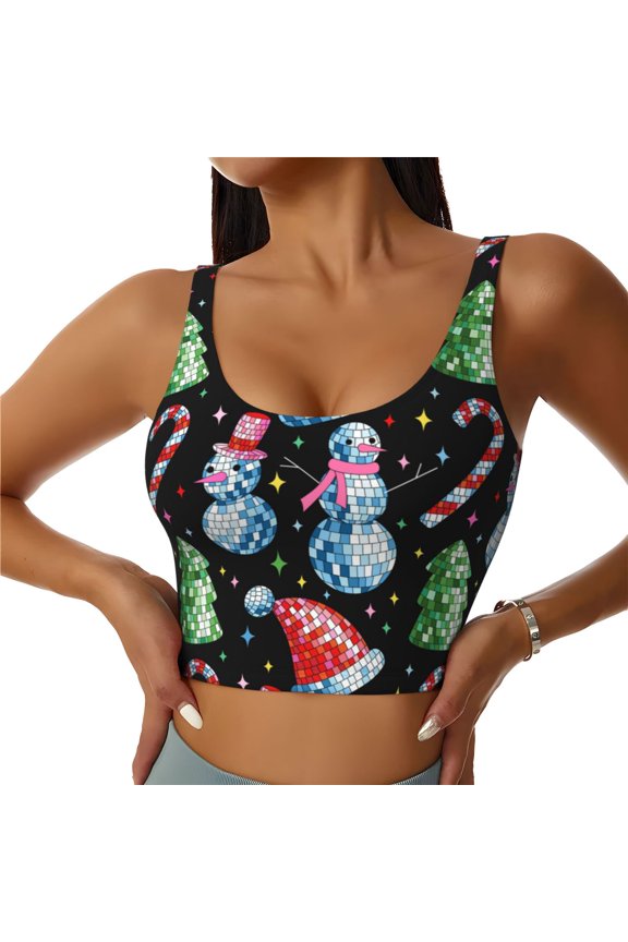 Disco Mirror Ball Snowman Sports Bras for Women,Sports Bras for Women High Support with Removable Pads-X-Large