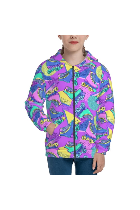 Disco Roller Skates Teenage Zipper Hoodie, Long Sleeve Zip Up Hoodies Casual Jackets Tops for 7-12 Years-Medium