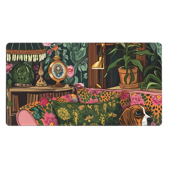 Naloa Dog On Floral Couch Gaming Mouse Pad Large Mouse Mat Long Extended Desk Pad Non-Slip Rubber Mice Pads Stitched Edges Thin Pad (16x29.5 Inch)